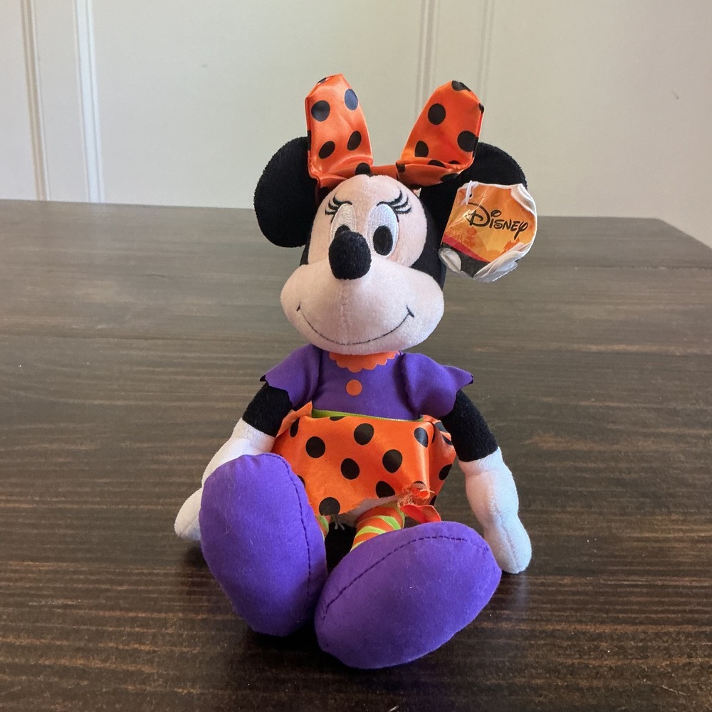 Disney Minnie Mouse Halloween Plush Orange Purple Polka Dot 9" Spooky